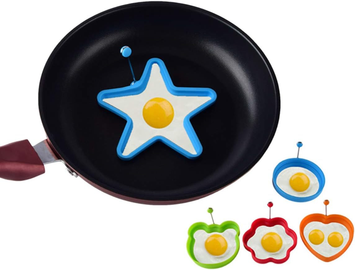 Egg Ring- Fried Egg Mold, 5Pcs Different Shapes Stainless Steel Egg Poacher, Non Stick Pancake Shaper Mold with Handles (Silicone)