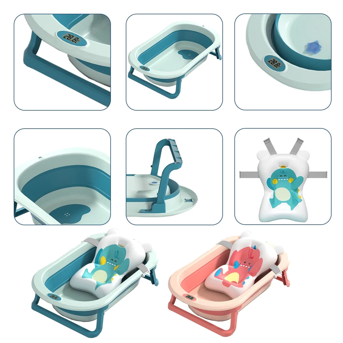 Collapsible Baby Bath Tub with Cushion & Thermometer Portable Travel Bathtub with Drain Hole Durable Newborn Bathtub for Infants to Toddler, Blue