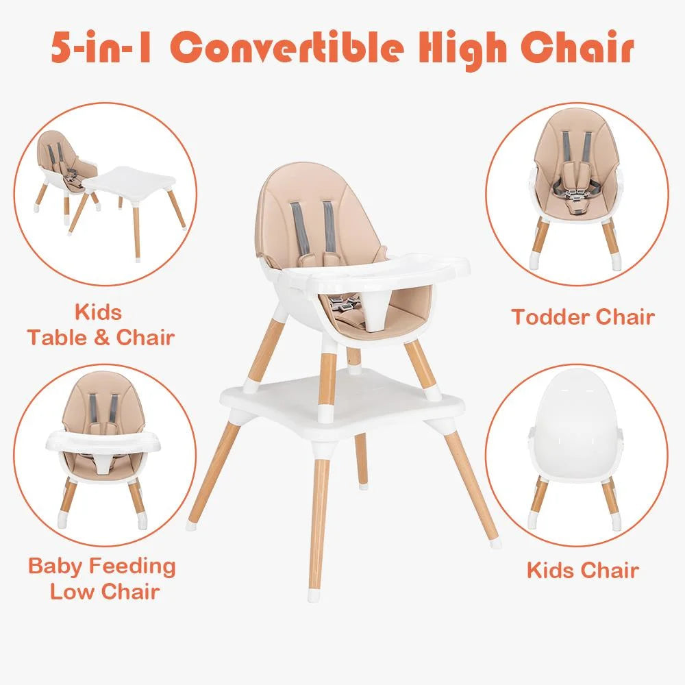 5-In-1 Baby High Chair, Infant Wooden Convertible Chair with Seat Belt, Beige