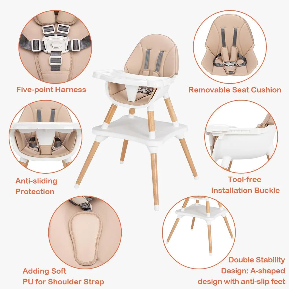 5-In-1 Baby High Chair, Infant Wooden Convertible Chair with Seat Belt, Beige