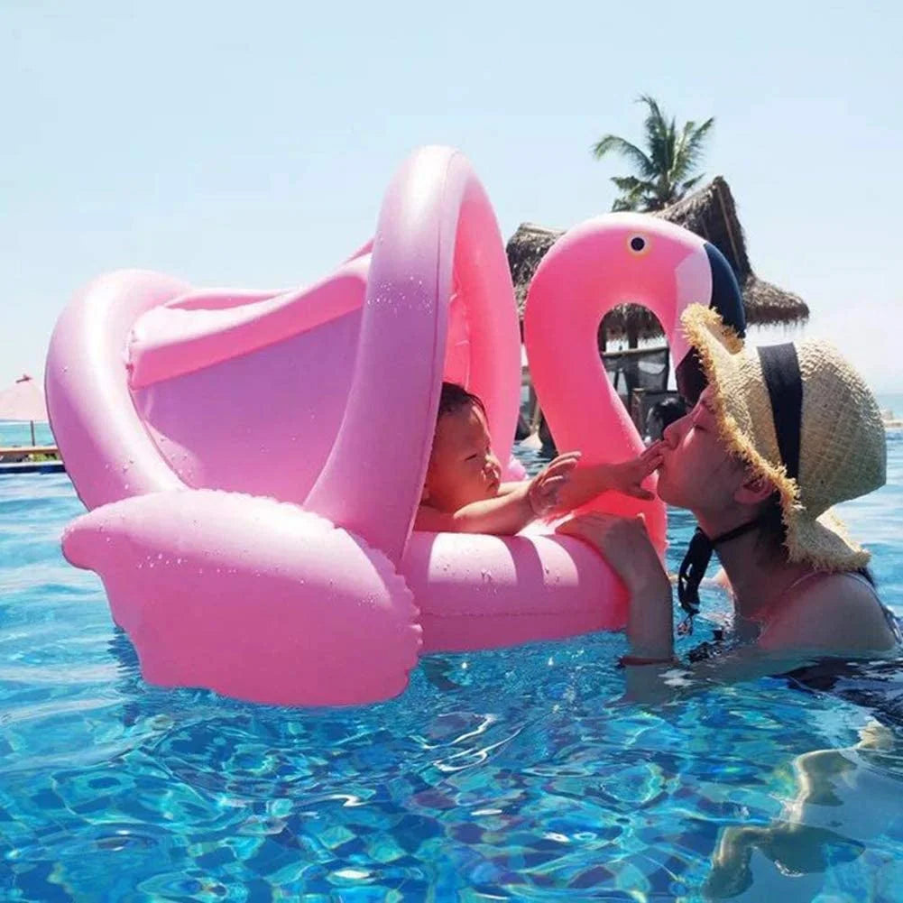 Baby Pool Float with Canopy,Flamingo Inflatable Swimming Ring,Infant Pool Floaties Swimming Pool Sunshade Toys for Baby Girls Boys Toddlers Pink