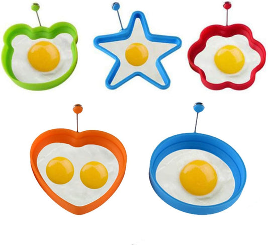 Egg Ring- Fried Egg Mold, 5Pcs Different Shapes Stainless Steel Egg Poacher, Non Stick Pancake Shaper Mold with Handles (Silicone)