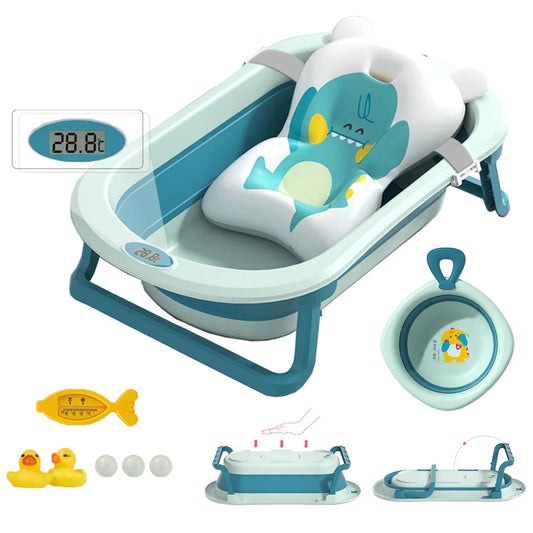 Collapsible Baby Bath Tub with Cushion & Thermometer Portable Travel Bathtub with Drain Hole Durable Newborn Bathtub for Infants to Toddler, Blue