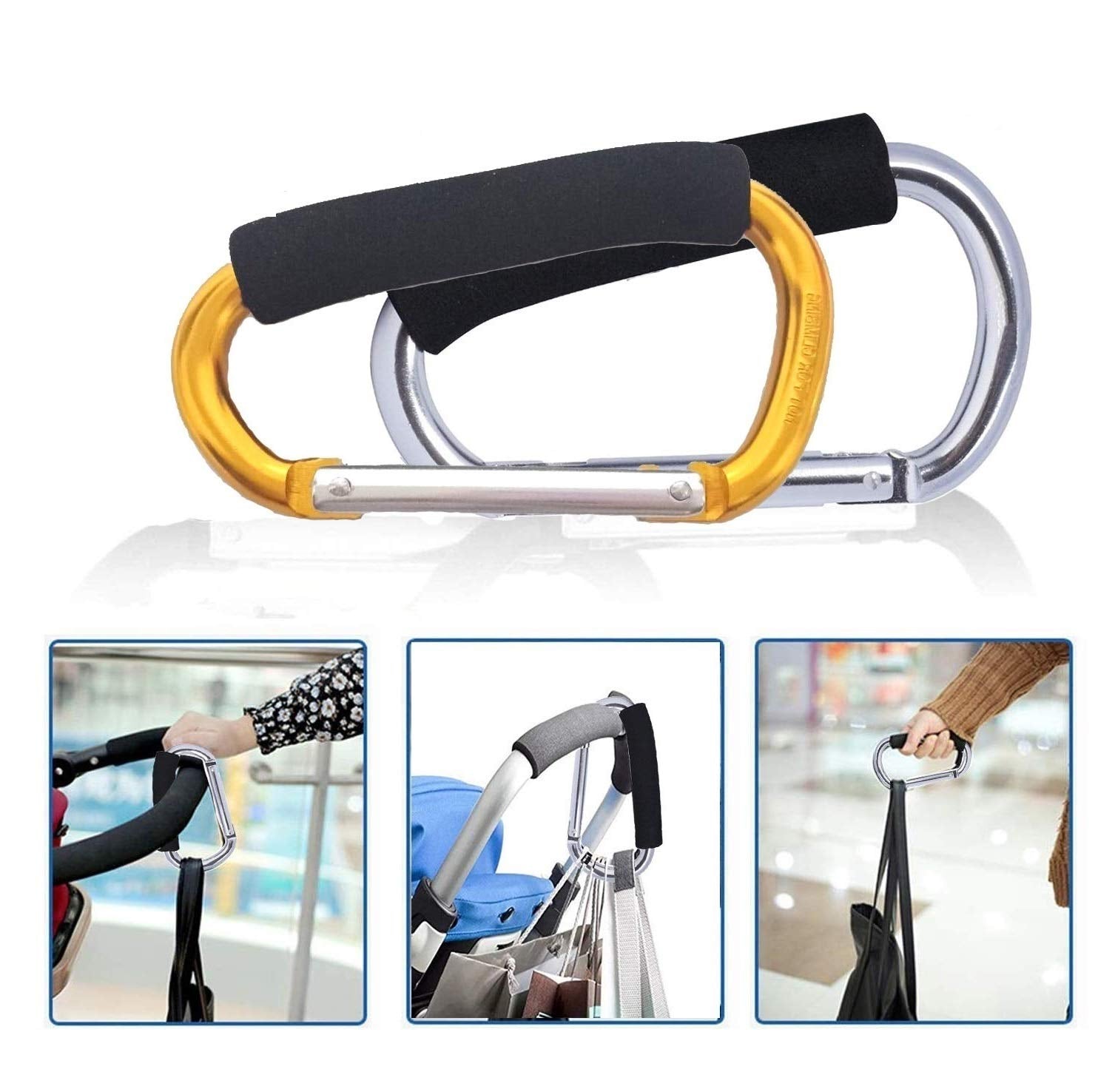 Large Stroller Hooks for Mommy, 2 Pcs Carabiner Stroller Hook Organizer for Hanging Purses, Diaper Bag, Shopping Bags. Clip Fits Single/Twin Travel Systems, Car Seats (Silver+Golden Yellow)