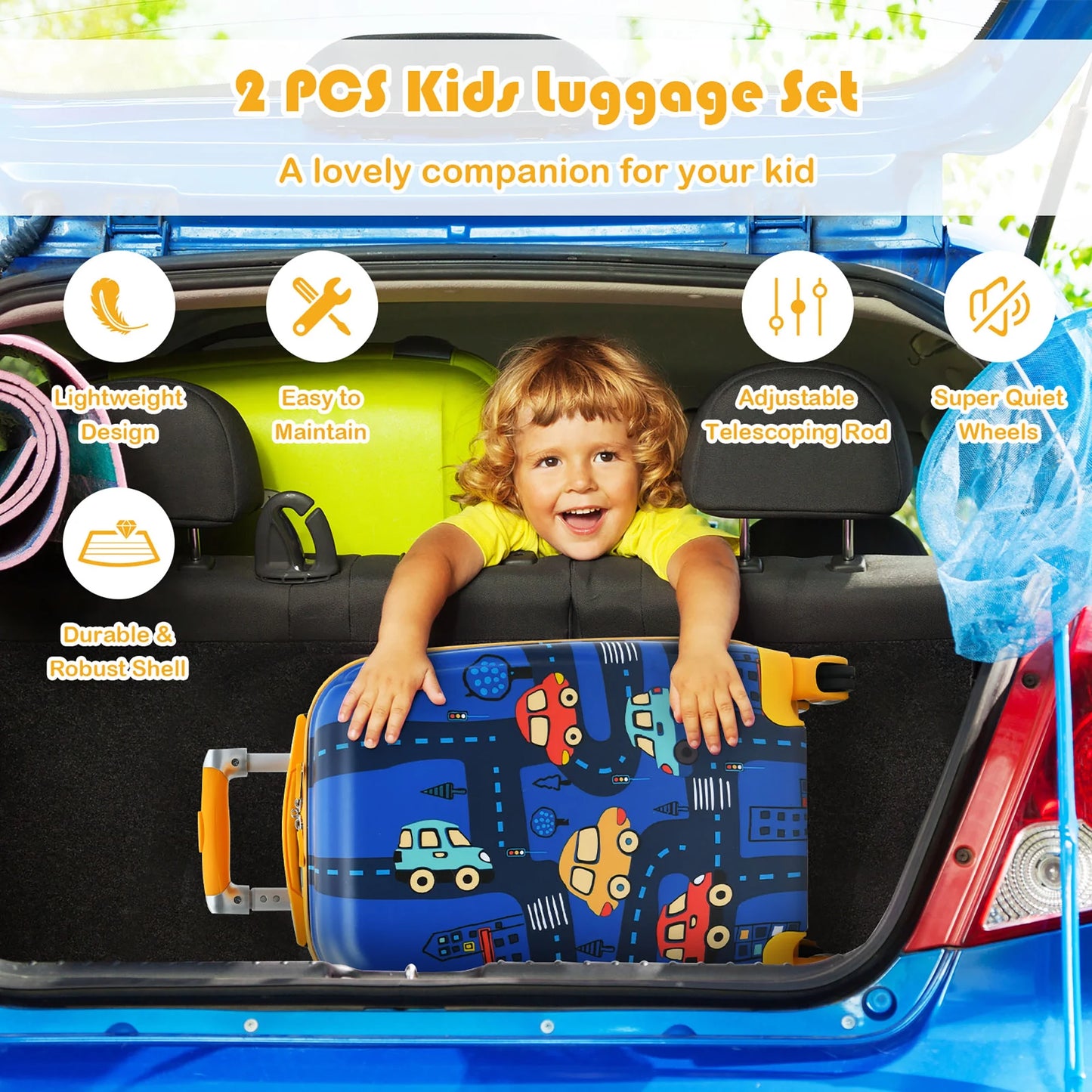 2PC Kids Carry on Luggage Set 12'' Backpack & 18'' Rolling Suitcase for Travel