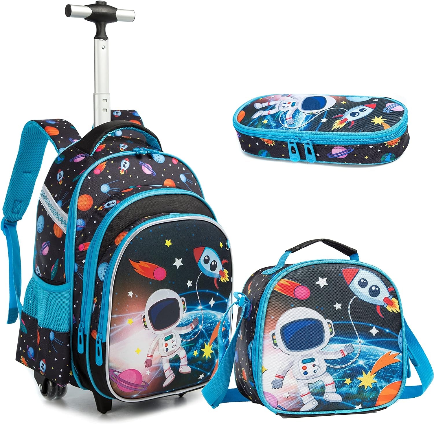 Rolling Backpacks Kids Backpack with Wheels for School Bags Luggage with Wheels Trolley Wheeled Backpacks for Boys 3PCS 16“ Astronaut Pattern Travel Bags Boys Backpack with Lunch Box Blue