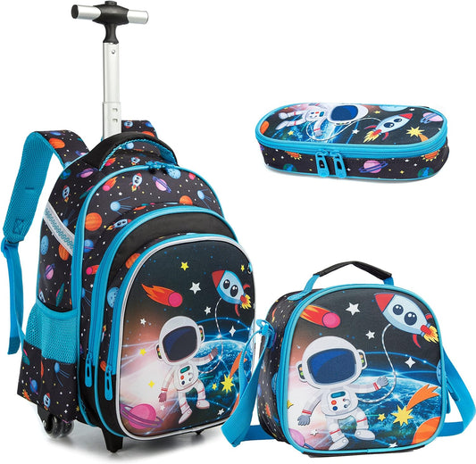 Rolling Backpacks Kids Backpack with Wheels for School Bags Luggage with Wheels Trolley Wheeled Backpacks for Boys 3PCS 16“ Astronaut Pattern Travel Bags Boys Backpack with Lunch Box Blue