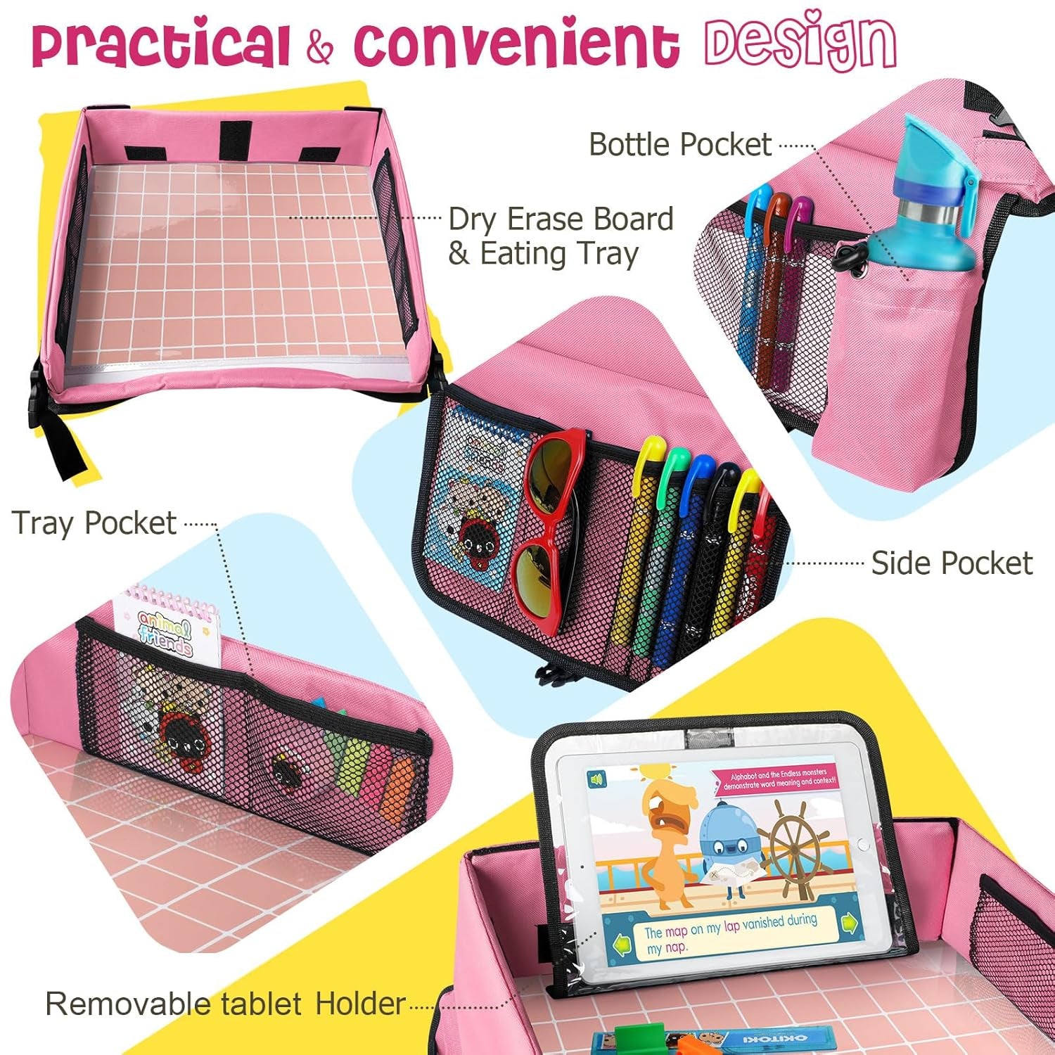 [New Version] Car Seat Organizer Kids Travel Tray for Kids Toddlers Activities in Car Seat, Stroller, Airplane | Waterproof Dry Erase Top | Side Pocket & Water Bottle Holder