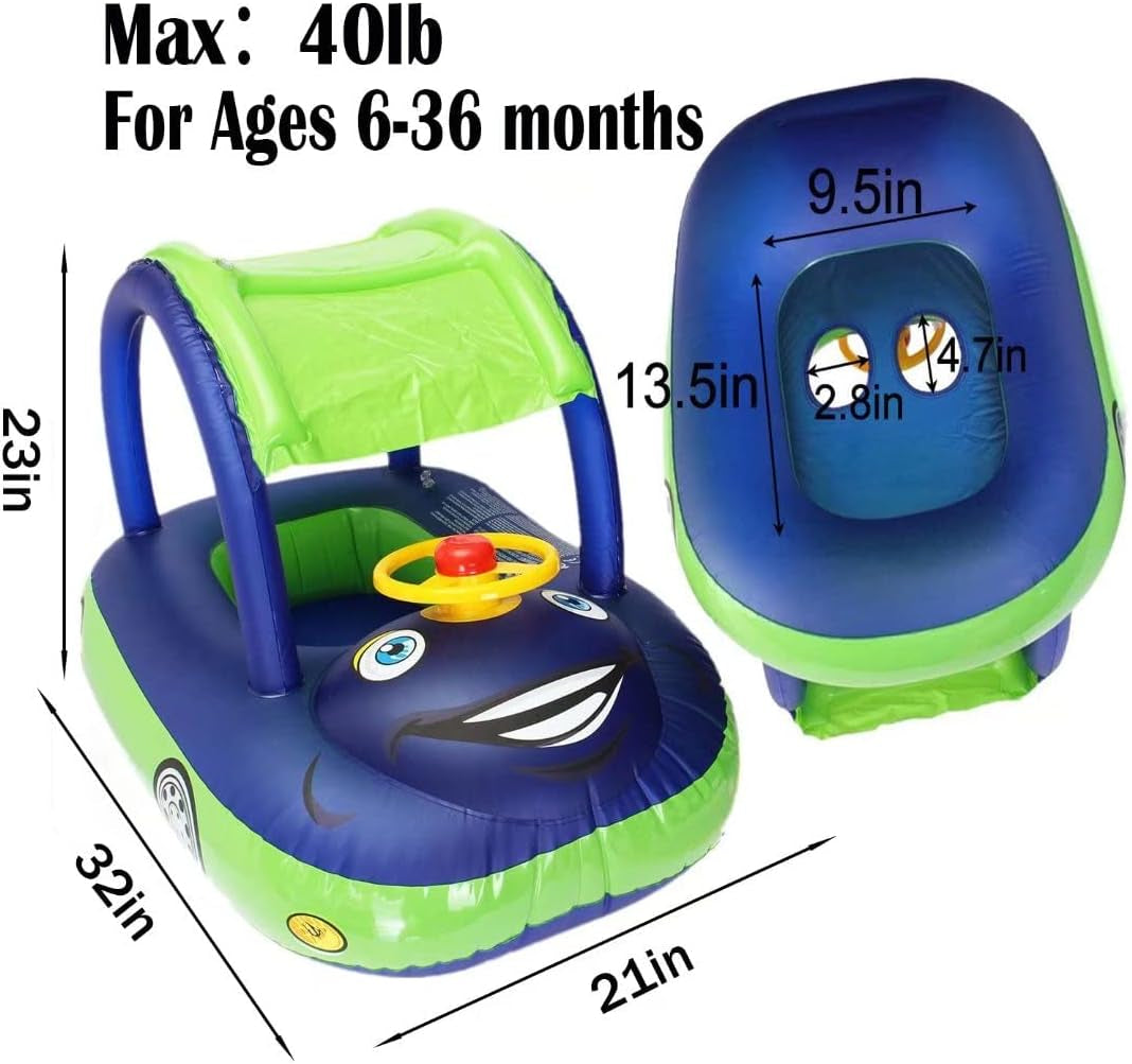 Baby Pool Float with Canopy Summer Steering Wheel Sunshade Swim Ring Car Inflatable Toys Infants Float Seat Boat for Kids Toddlers