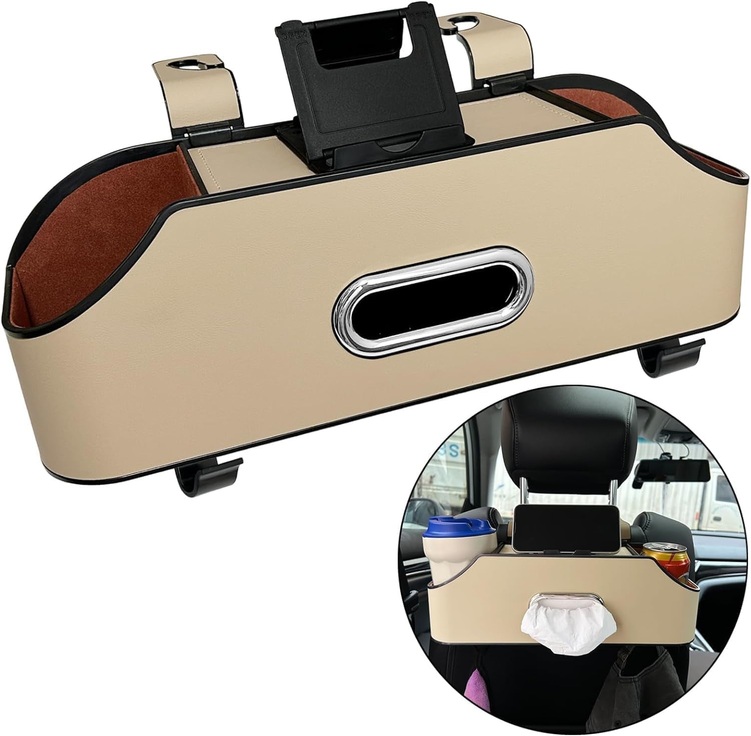 Car Backseat Organizer – Large Capacity, Universal Fit, Easy to Use (Beige)