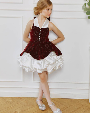 Wine red & White Satin Bubble Dress set